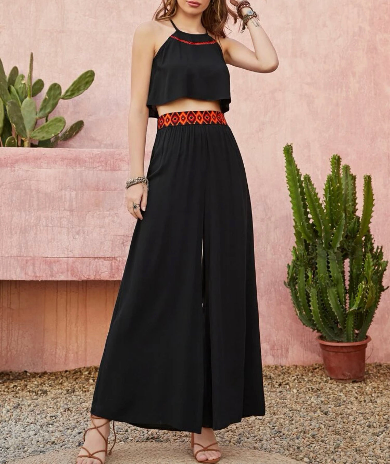 Circle lace up panel halter top and geo waist pants set