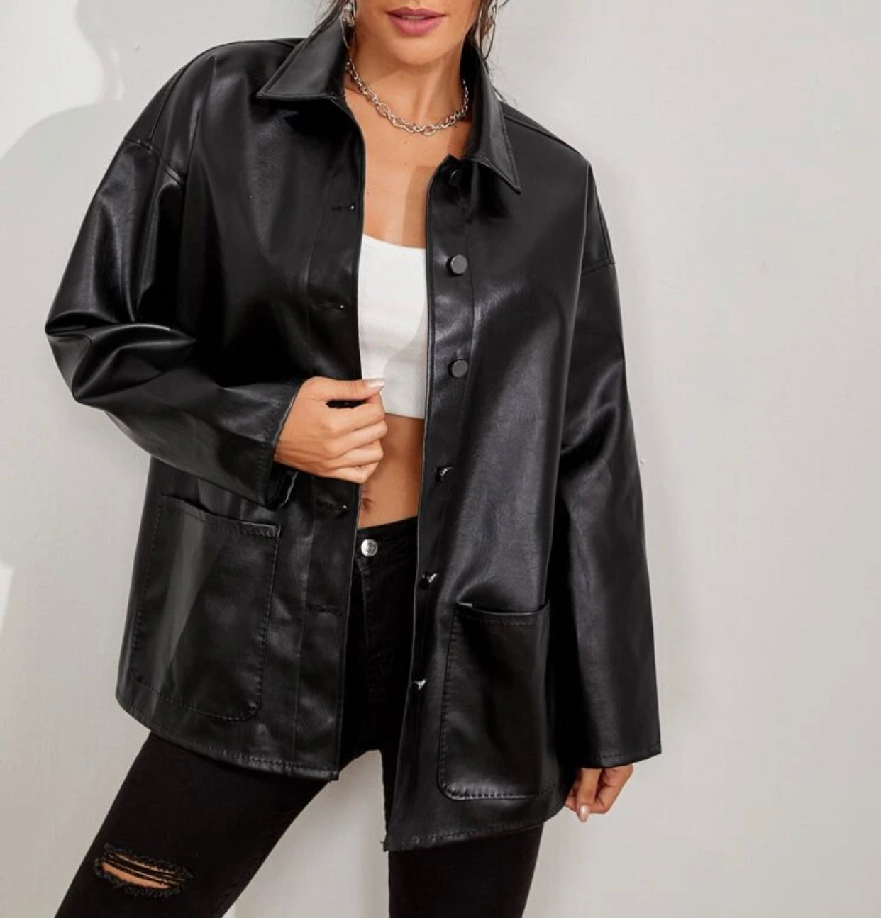 Button front drop shoulder PU leather coat