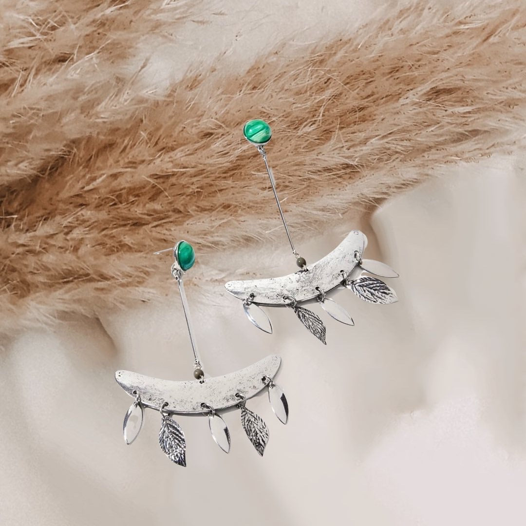 Lightweight, antique silver, eye catching, green, malachite inspired drop earrings