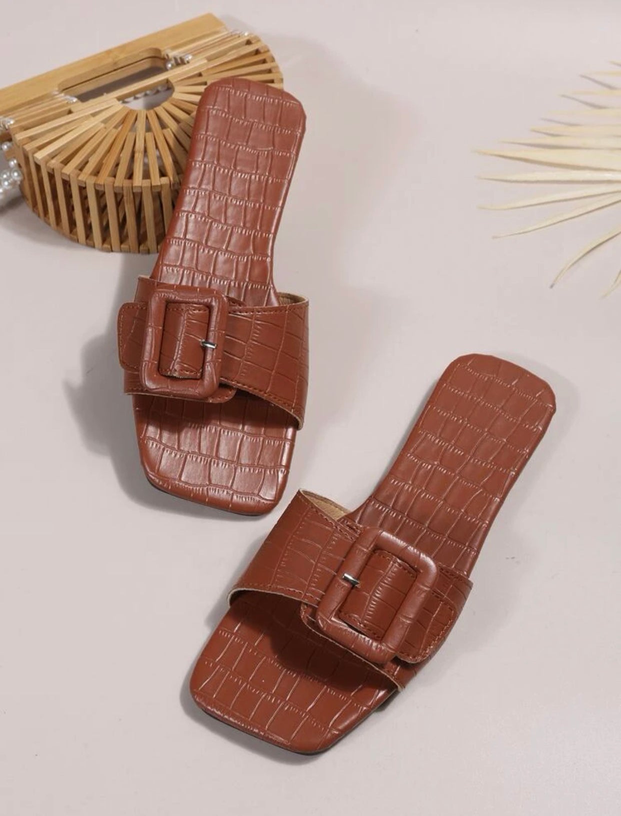 Brown vegan crocodile embossed buckle  decor slide sandals