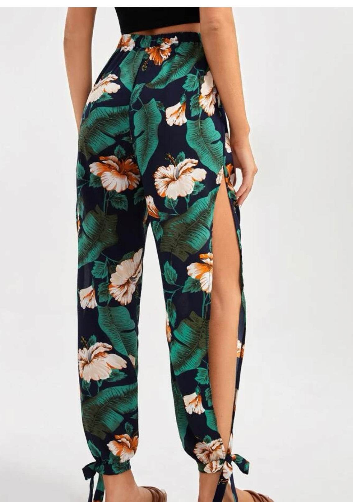Tall tropical print split side knot hem pants