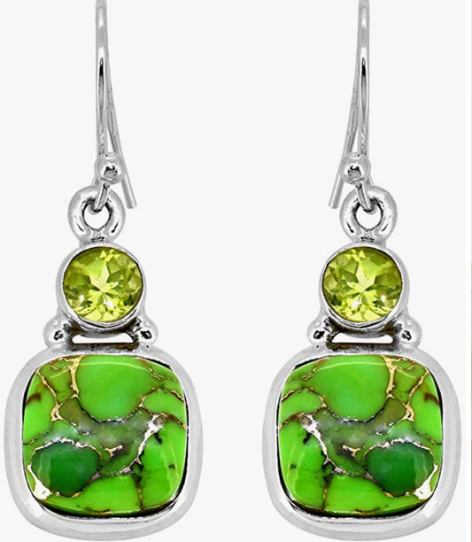 Green Copper Turquoise Peridot Solid 925 Sterling Silver Dangle Earrings