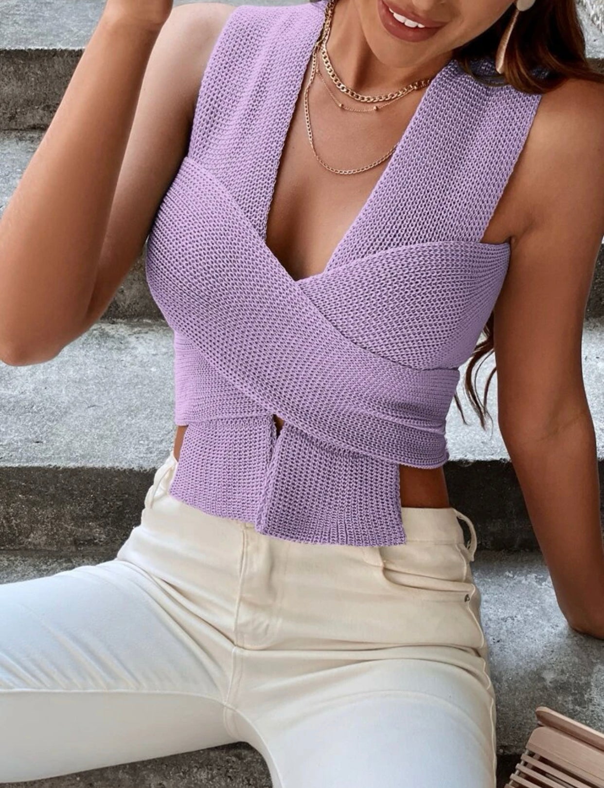 Wrap knot back crop knit top
