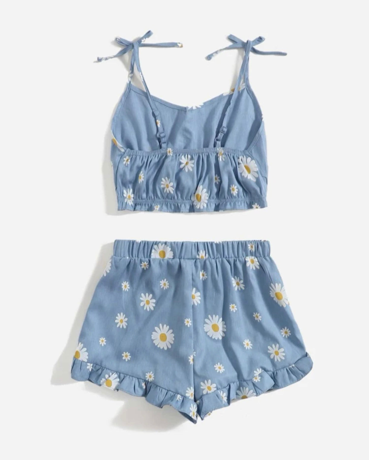 Girls daisy print tie shoulder frill trim cami top & shorts set