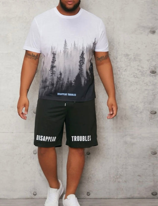 Extended sizes men tree & letter graphic tee & drawstring waist shorts