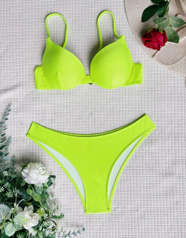 Lime green 3 pack neon green push up bikini swimsuit & beach skirt