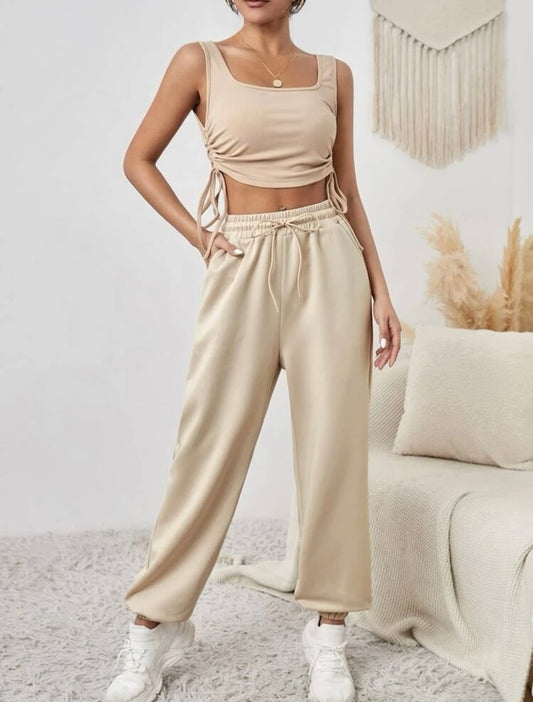 Drawstring Ruched Rib-Knit Breathable Softness Sports Set