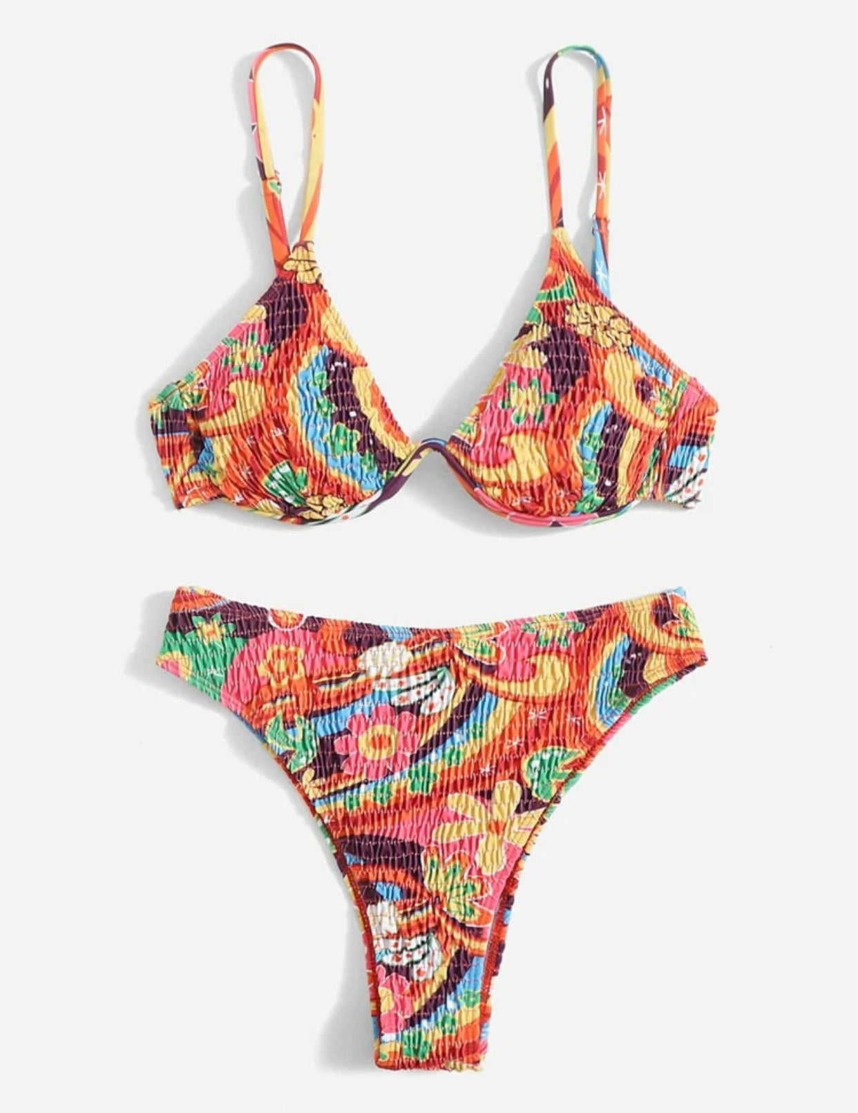 Floral print smock underwire high waisted bikini swimsuit