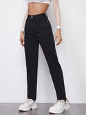 Black high waisted raw hem straight jeans