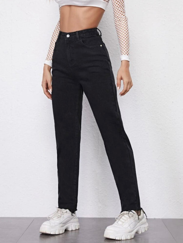 Black high waisted raw hem straight jeans