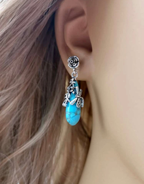 Stunning flower and dragonfly decor drop earrings