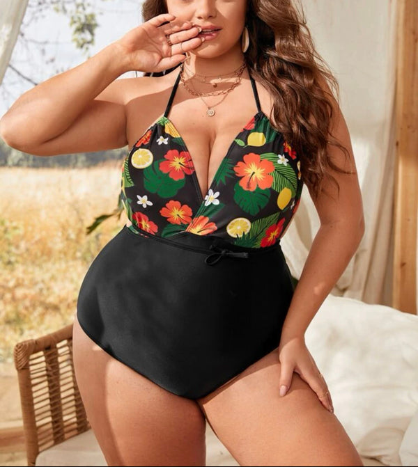 Curve and plus floral print cross back one piece swimsuit