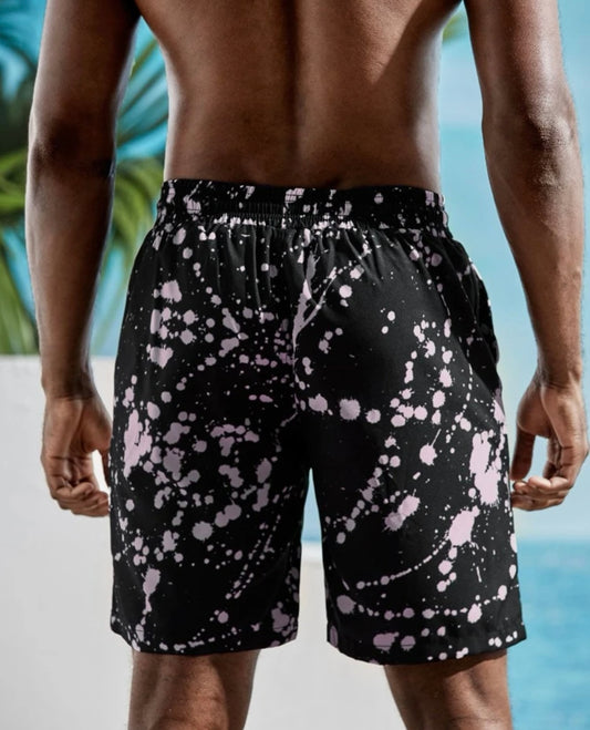 Men splatter painting drawstring waist swim trunks