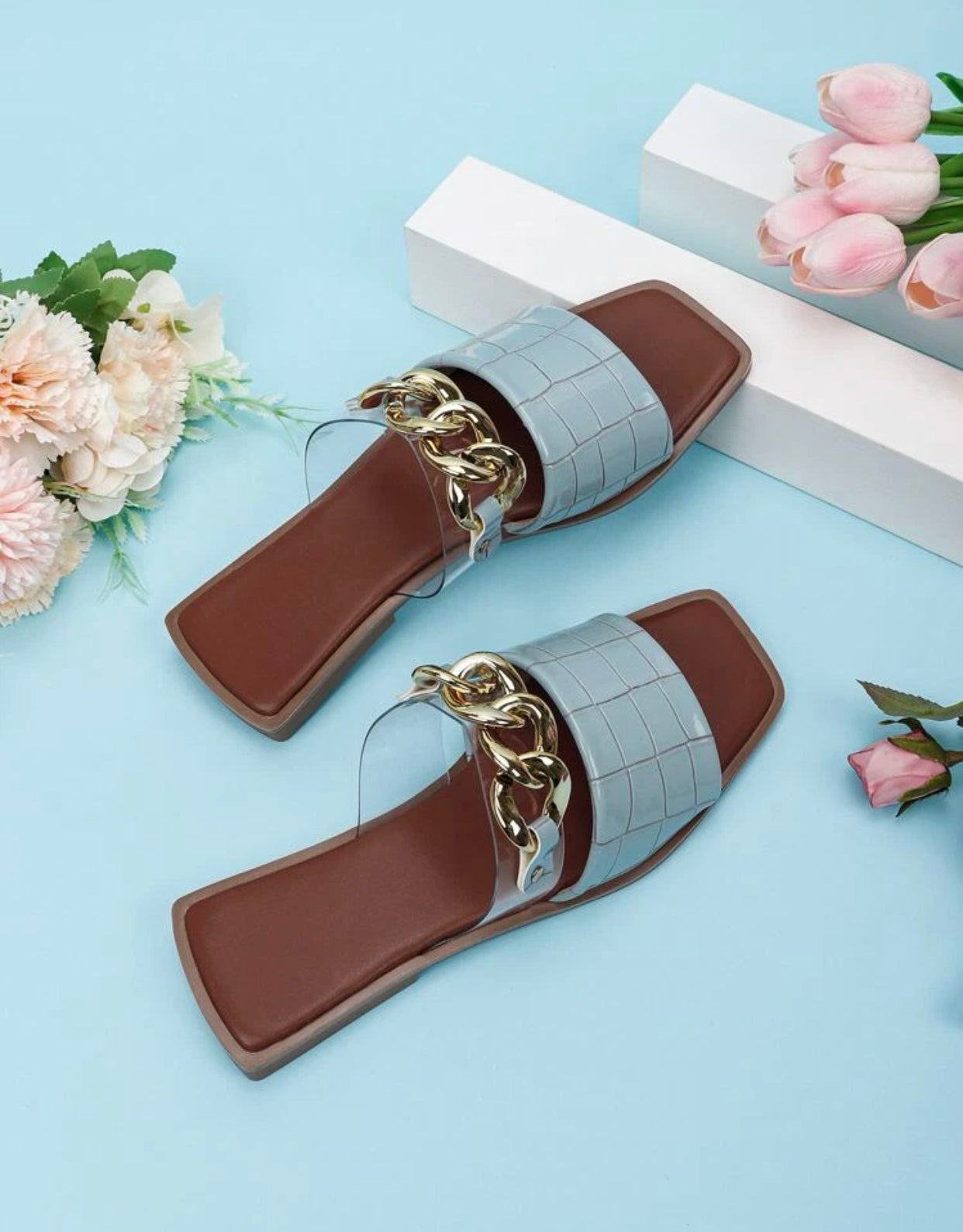Croc embossed chain decor slide sandals