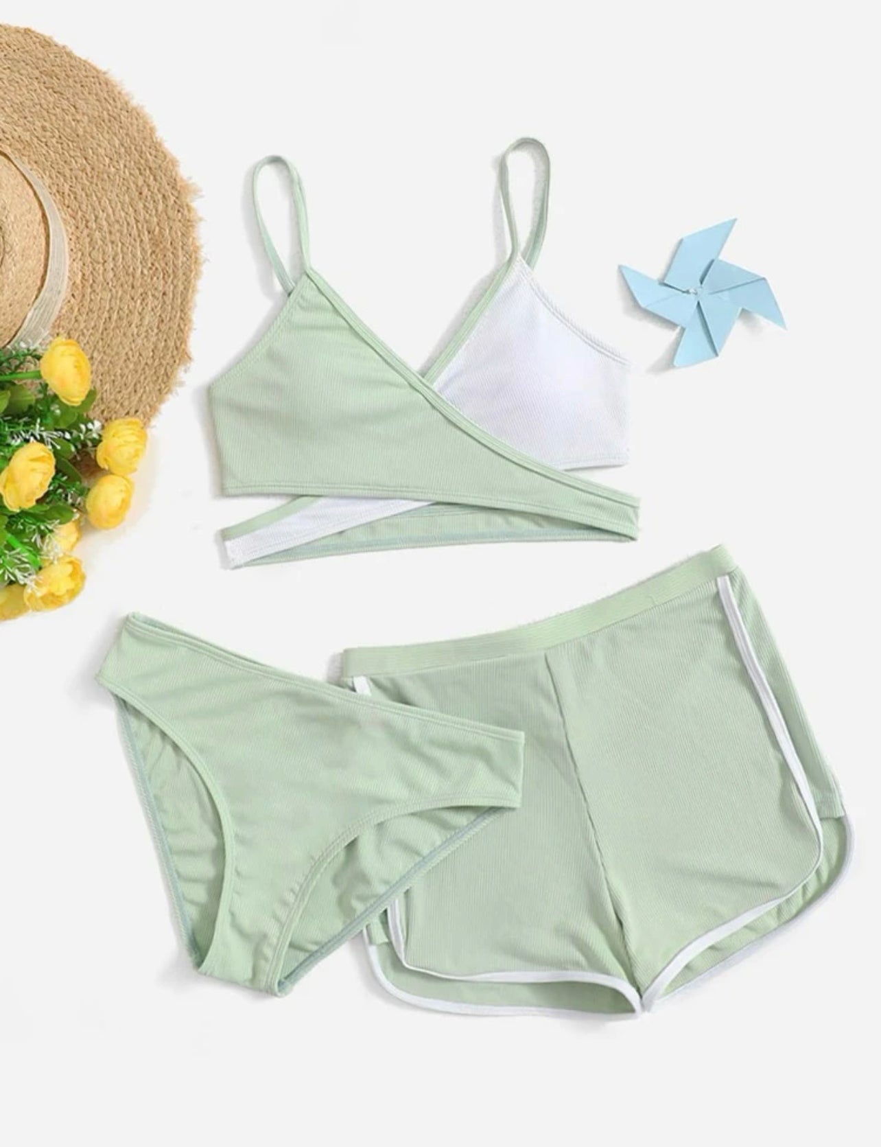 Teen Girls Color Block Bikini Swimsuit & Swim Shorts
