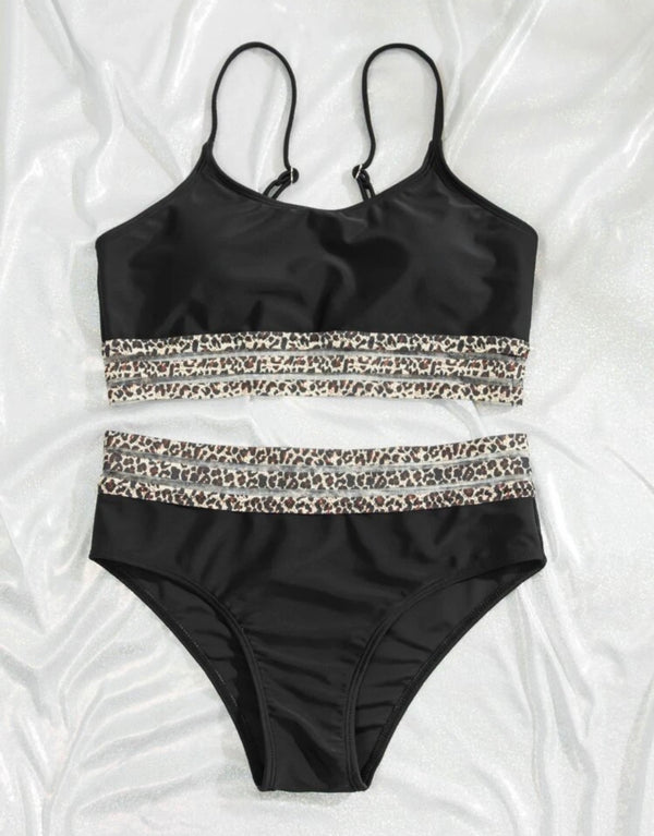 Leopard mesh trim two piece swimsuit - Christina’s unique boutique LLC