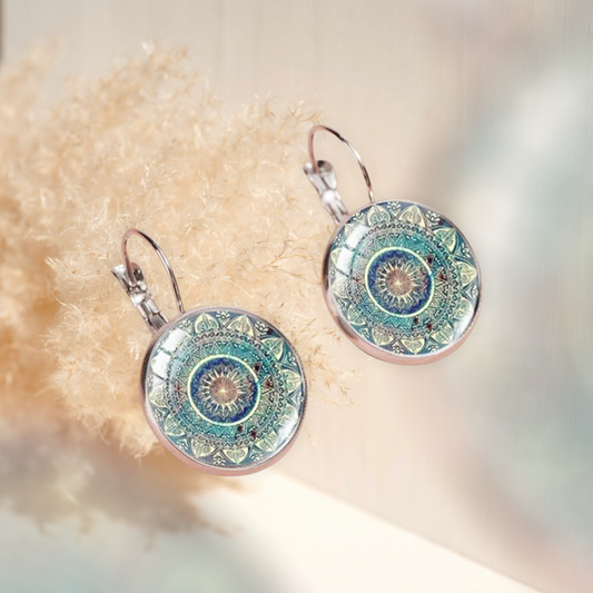 Print design round drop earrings