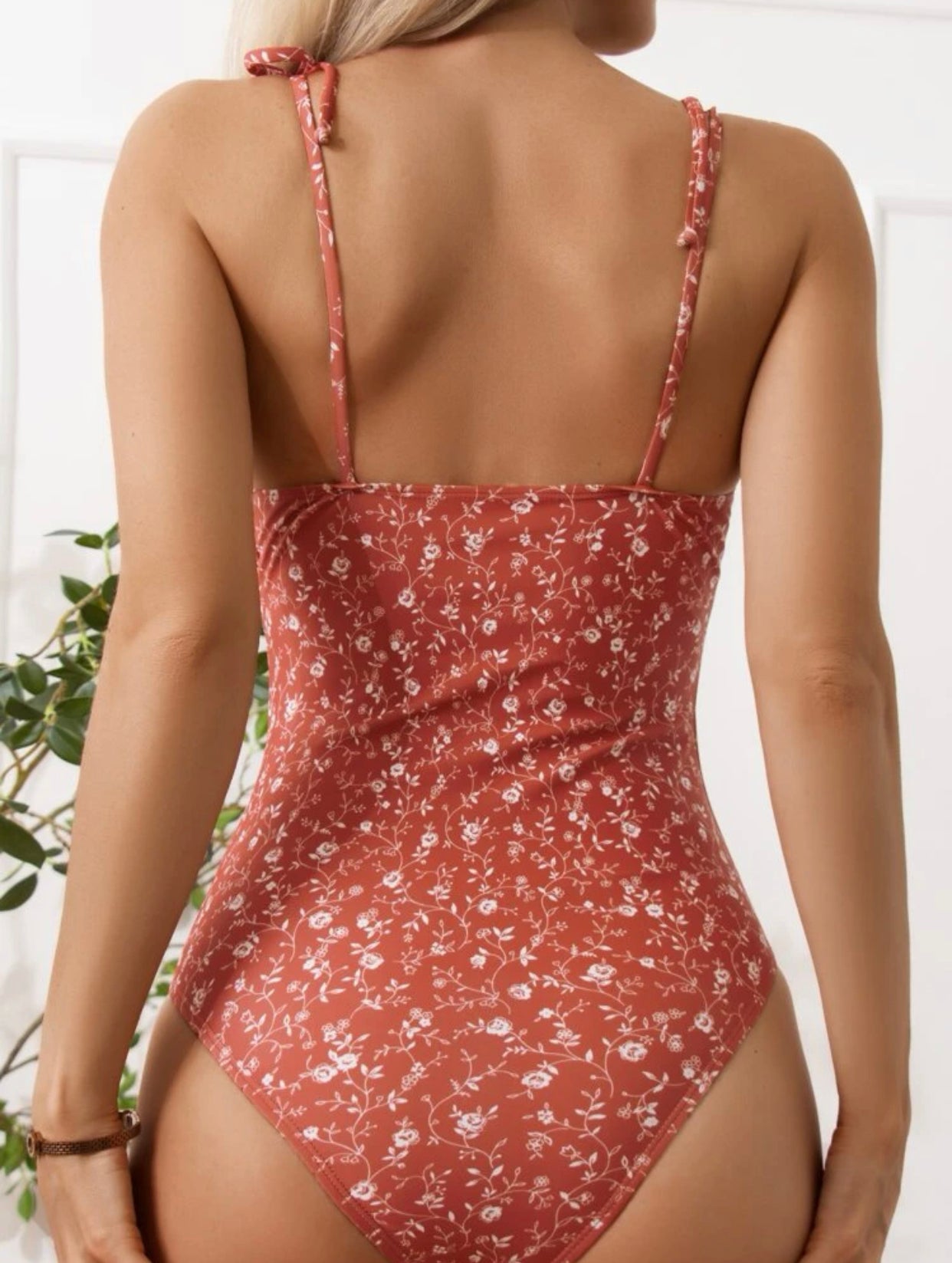 Rusty rose ditsy floral tie shoulder one piece swimsuit