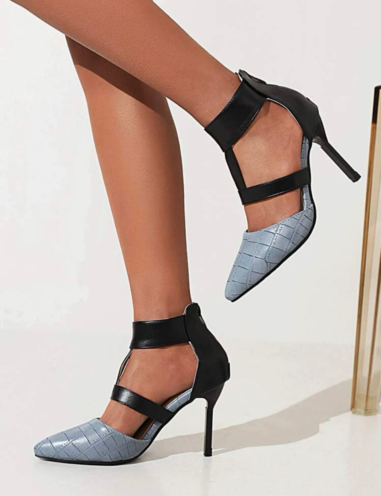 Vegan crocodile embossed stiletto heeled ankle strap pumps