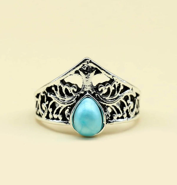 Tree design hollow out Larimar inspired ring. Size 8.