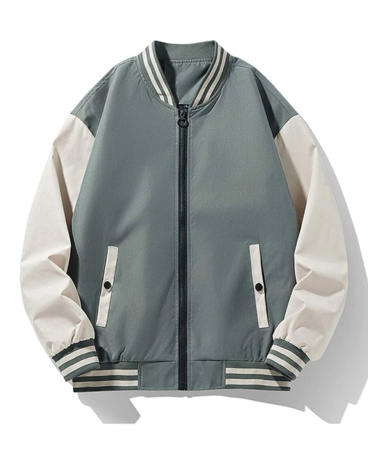 Men’s two tone striped trim zipper bomber jacket