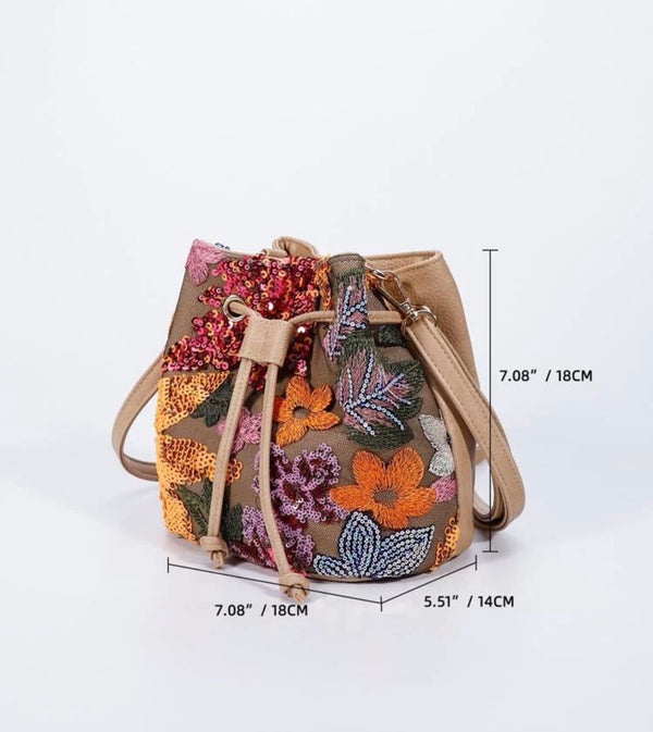 Mini sequin decor floral embroidered drawstring bucket bag