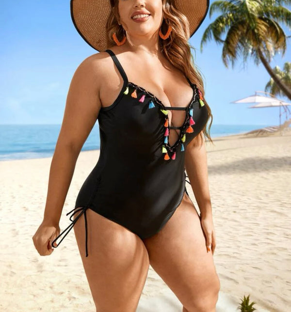 Curve & plus tassel cut out drawstring side one piece swimsuit