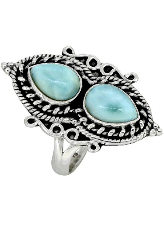 Natural Larimar Solid 925 Sterling Silver 2 Stone Designer Ring