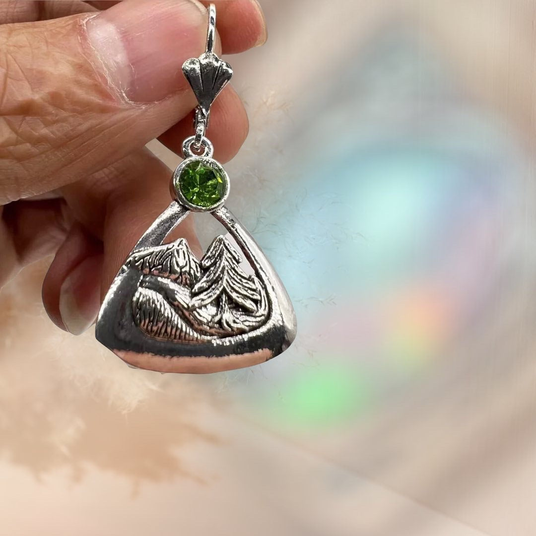 Mountain peak illustration earring With Green Tourmaline,  Silver color, Leverback dangle