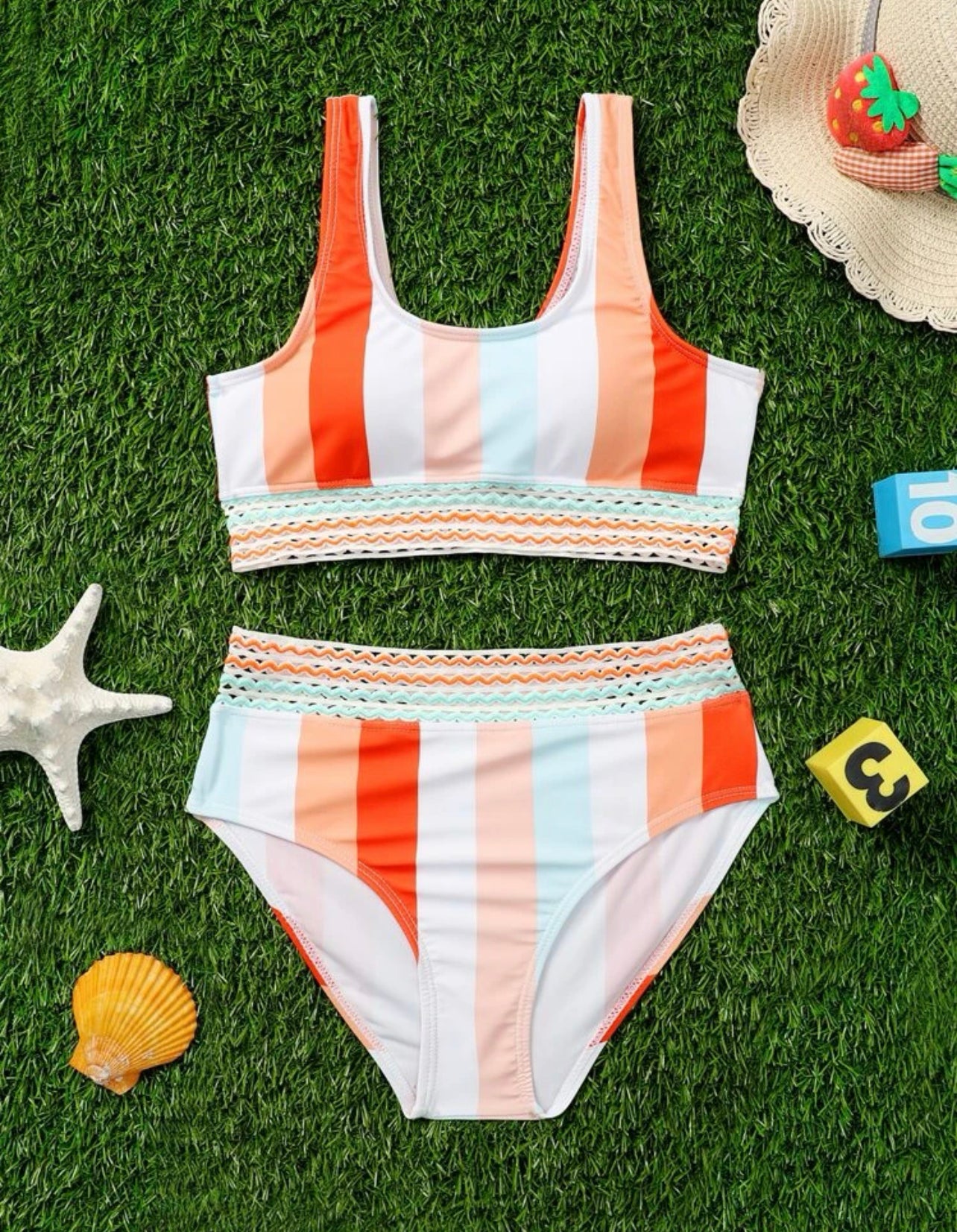 Girls Striped Mesh Trim Bikini Swimsuit