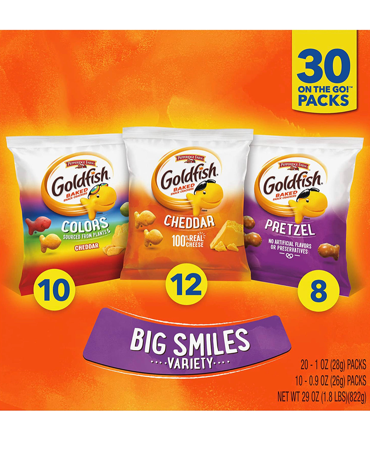 Goldfish Crackers Big Smiles with Cheddar, Colors, and Pretzel Crackers, Snack Packs, 30 CT Variety Pack Box