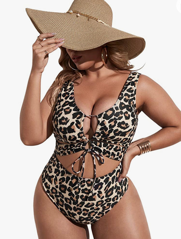 Women's Plus Leopard Cut Out One Piece Swimsuit Tie Front Wireless Padded Bathing Suit
