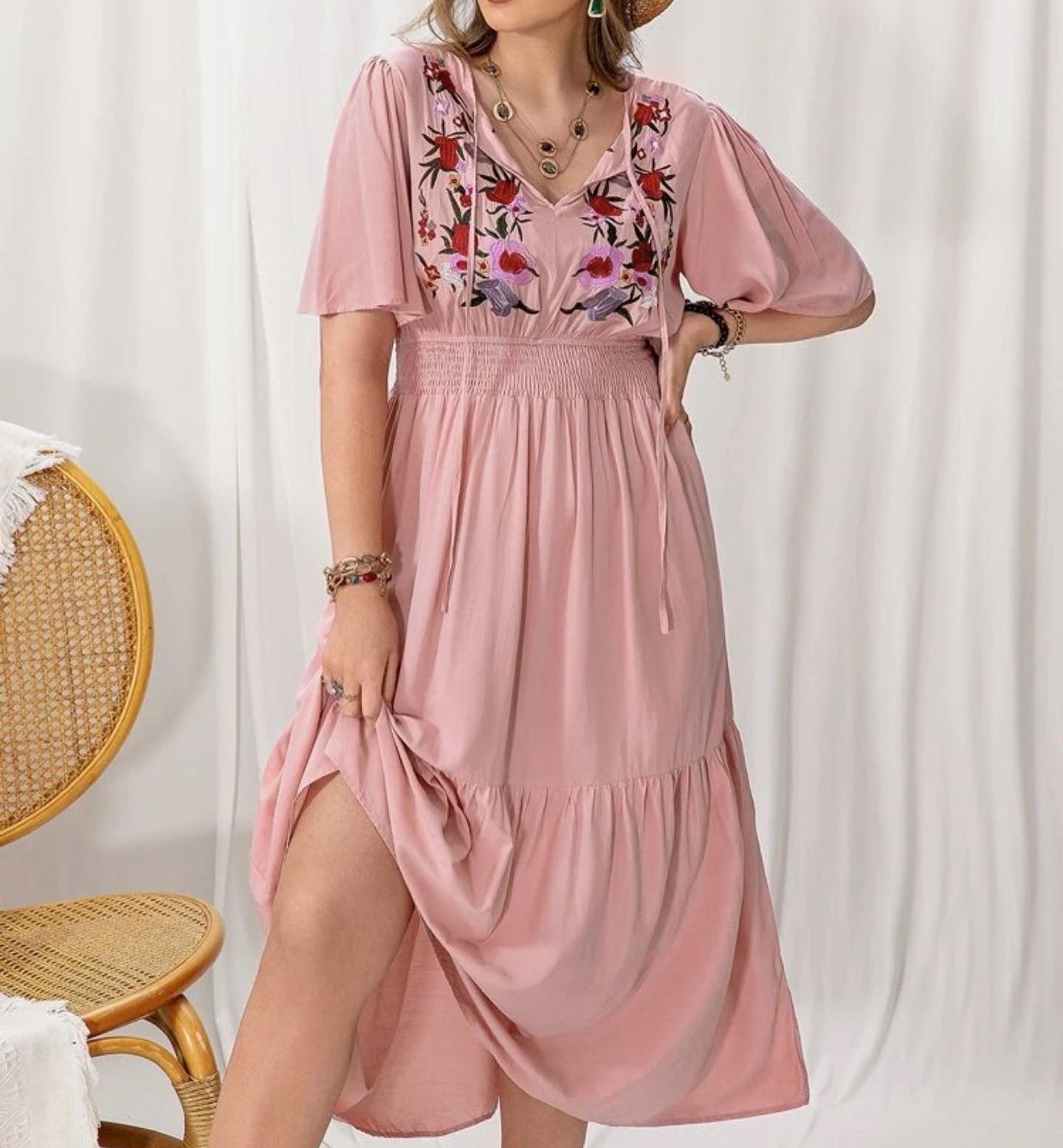 Curve & plus floral embroidered butterfly sleeve shirred waist dress