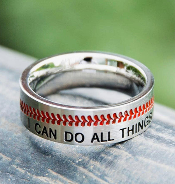 Men’s red stitching “I can do all things” baseball ring - Christina’s unique boutique LLC
