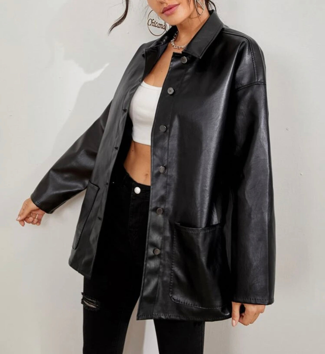 Button front drop shoulder PU leather coat