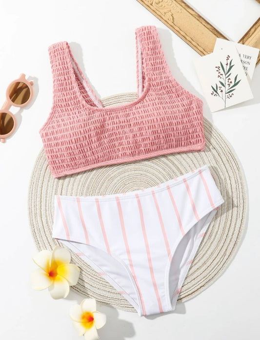 Girls stripe smocked bikini swimsuit