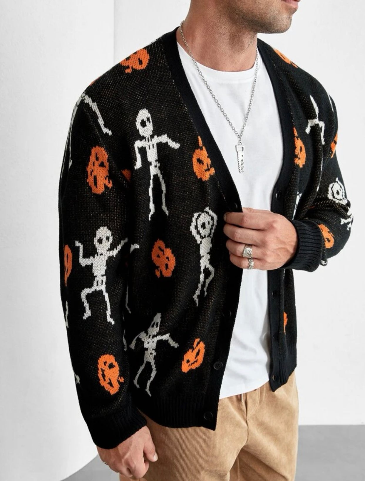 Men’s extended size Halloween Pumpkin & Skeleton Pattern Cardigan