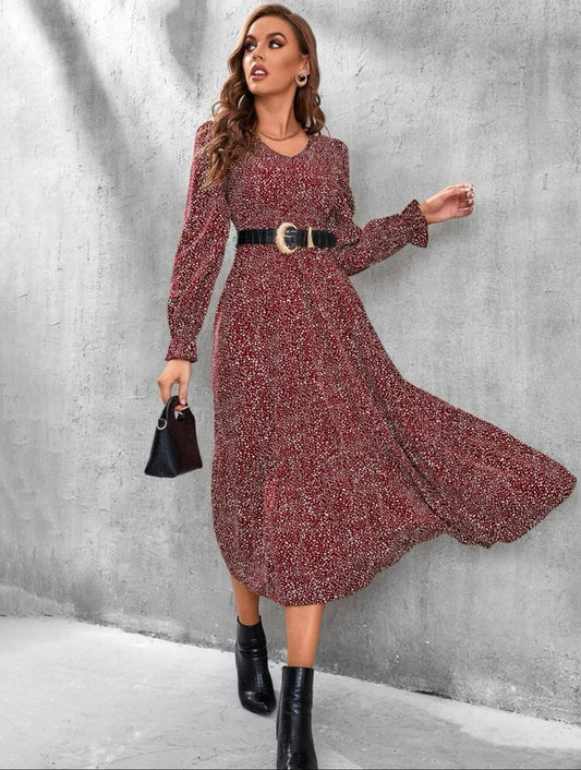 Tall Dalmatian Print Flounce Sleeve Dress Without Belt