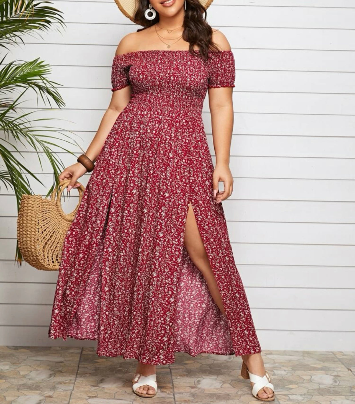 Curve & plus off shoulder shirred split ditsy floral dress