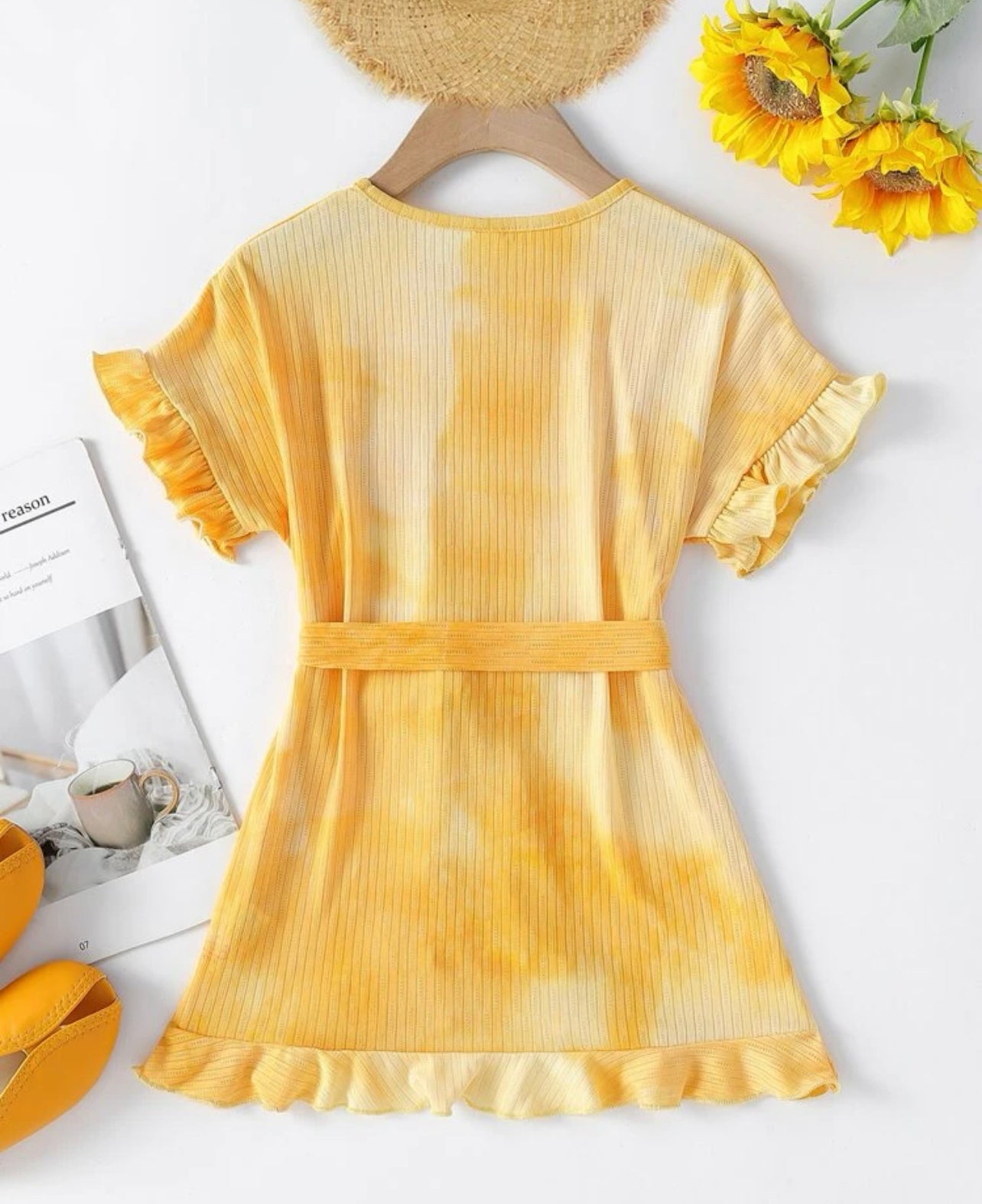 Toddler Girls Tie Dye Rib Knit Belted Ruffle Hem Dress