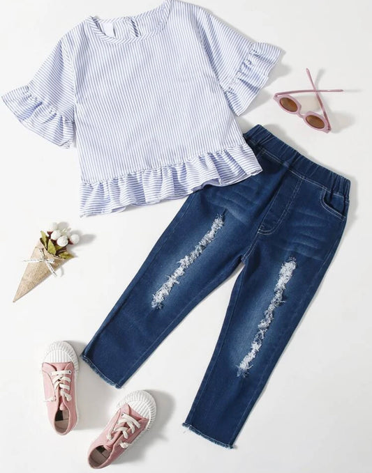 Toddler girls striped blouse with ripped jeans