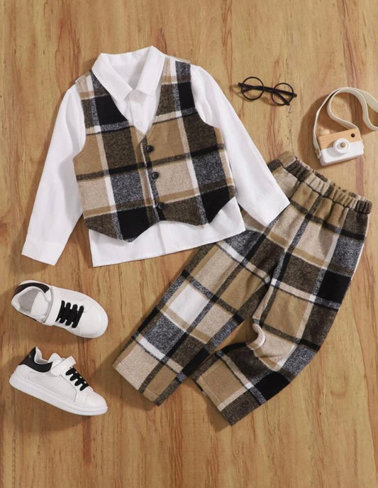 Toddler boys plaid vest jacket & pants and shirt
