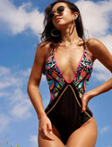 Floral print crisscross tie backless one piece swimsuit
