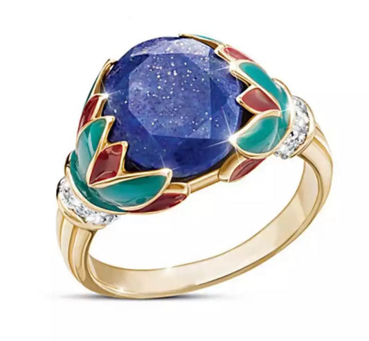 Green red blue decor gold filled statement ring. Size 8.