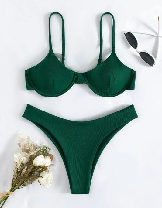 Dark green rub underwire bikini swimsuit