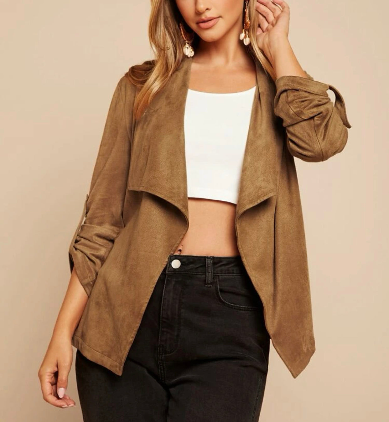 Waterfall collar solid suede coat