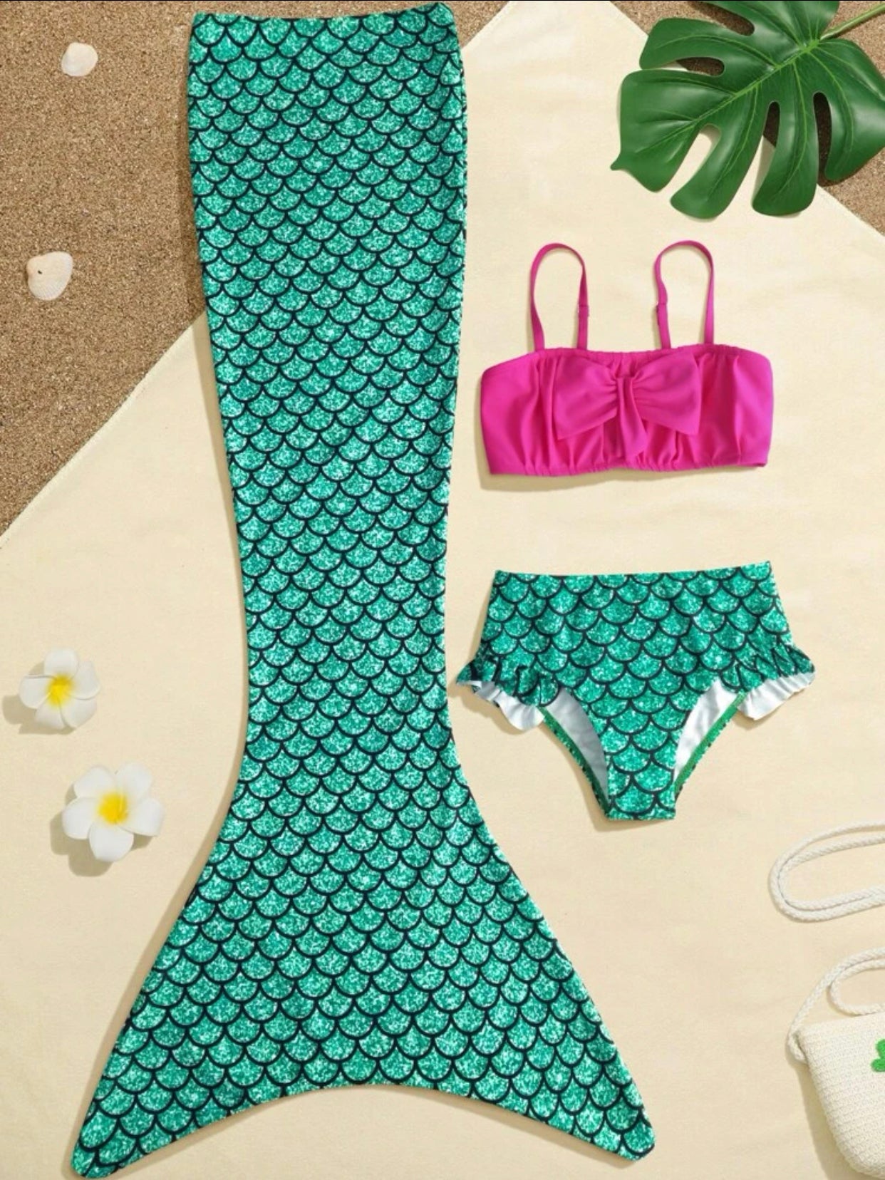 Girls fish scales frill trim bikini swimsuit with mermaid tail cover up