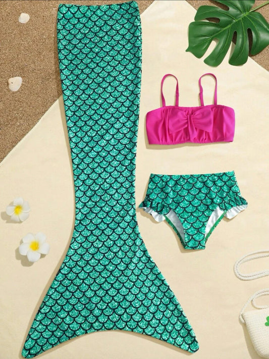 Girls fish scales frill trim bikini swimsuit with mermaid tail cover up