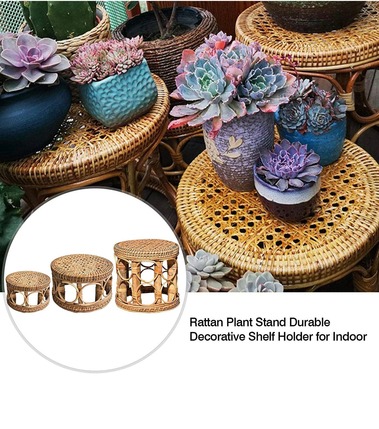 Indoor Rattan Plant Stands, Modern Boho Wicker Side Table for Gardening, Interior Decoration, Living Room, Entrance and Any Other Places, Natural - Christina’s unique boutique LLC