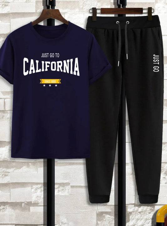 Extended sizes men star & slogan graphic tee & grommet drawstring sweatpants